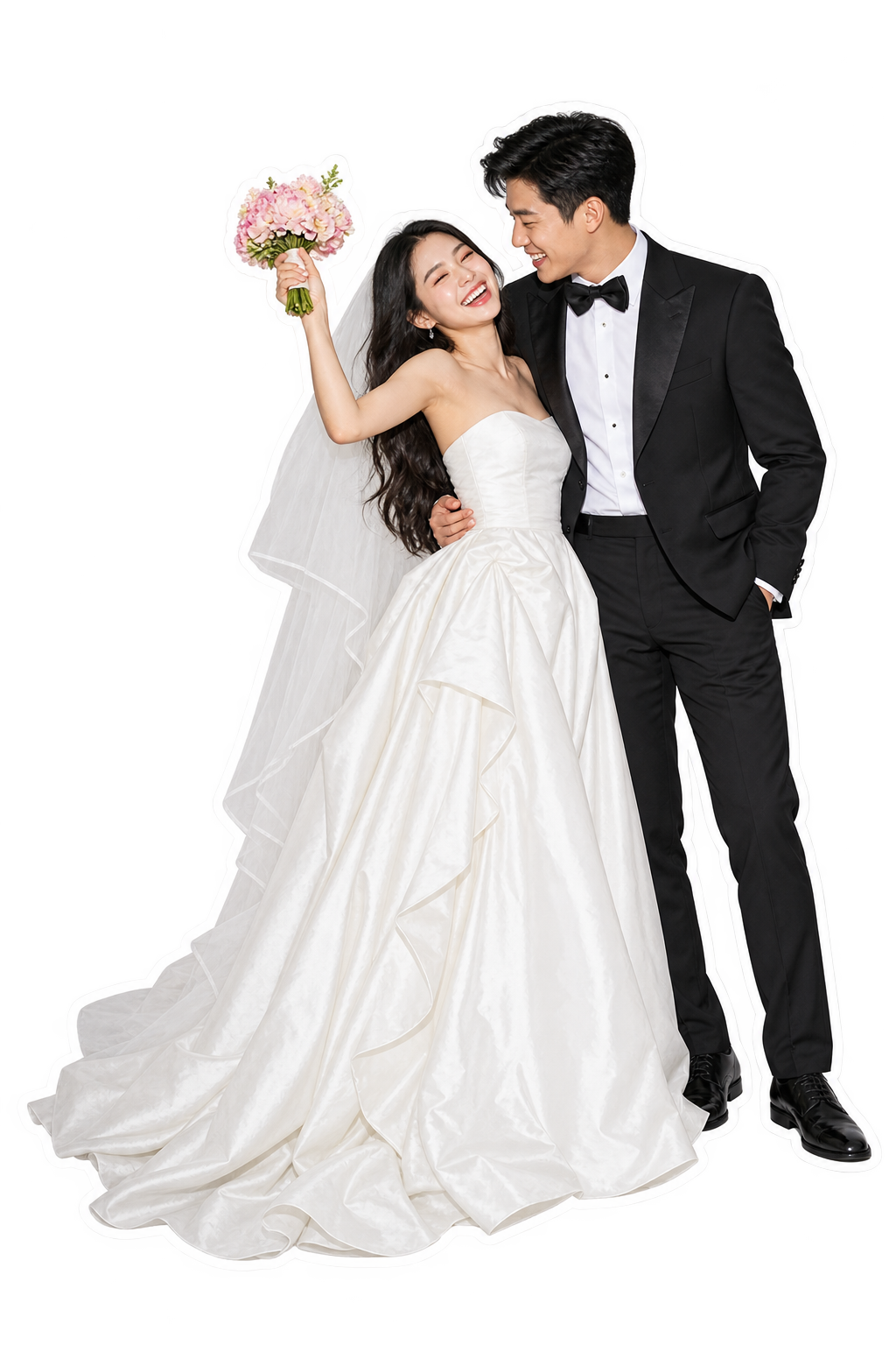 Fictional couple Emma and Charles in wedding attire